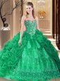 Lace Up Quince Ball Gowns Green and In for Prom and Military Ball and Sweet 16 and Quinceanera with Embroidery and Pick Ups Court Train