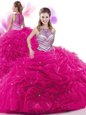 Eye-catching Fuchsia High-neck Neckline Ruffles and Pick Ups Ball Gown Prom Dress Sleeveless Zipper