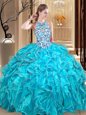 Teal Organza Backless Scoop Sleeveless Floor Length 15th Birthday Dress Embroidery and Ruffles