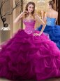 Clearance Floor Length Lace Up Sweet 16 Dresses Fuchsia and In for Military Ball and Sweet 16 and Quinceanera with Beading and Ruffles