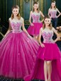 Four Piece Fuchsia Sleeveless Lace Floor Length 15th Birthday Dress