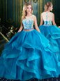 Flare Scoop Sleeveless Tulle With Brush Train Zipper Ball Gown Prom Dress in Baby Blue for with Lace and Ruffles