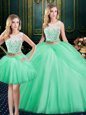 Adorable Three Piece Scoop Sleeveless Floor Length Lace and Pick Ups Lace Up Sweet 16 Dress with Apple Green