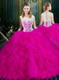 Scoop Fuchsia Tulle Zipper Quinceanera Gowns Sleeveless Floor Length Lace and Ruffles