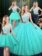 Exceptional Four Piece Sequins Scoop Sleeveless Lace Up Quinceanera Dress Blue Tulle and Sequined