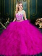 Enchanting Fuchsia Ball Gowns Scoop Sleeveless Tulle Floor Length Zipper Lace and Ruffles Quince Ball Gowns