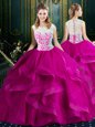 Fuchsia Ball Gowns Tulle Square Sleeveless Lace With Train Clasp Handle Quinceanera Dress Brush Train