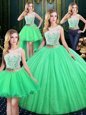 Four Piece Tulle and Sequined Lace Up Scoop Sleeveless Floor Length 15 Quinceanera Dress Lace and Sequins