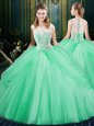 Scoop Sleeveless Ball Gown Prom Dress Floor Length Lace and Pick Ups Apple Green Tulle