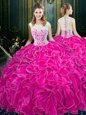 Scoop Sleeveless Floor Length Lace and Ruffles Zipper Vestidos de Quinceanera with Fuchsia