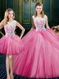 Three Piece Scoop Pick Ups Floor Length Ball Gowns Sleeveless Pink Quinceanera Dress Zipper