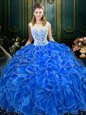 Scoop Sleeveless Quince Ball Gowns Floor Length Lace and Ruffles Royal Blue Organza