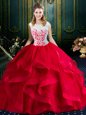 Glamorous Square With Train Red Quinceanera Dresses Tulle Brush Train Sleeveless Lace and Ruffles
