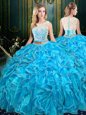 Scoop Baby Blue Sleeveless Lace and Ruffles Floor Length Quinceanera Gowns