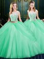 Scoop Floor Length Zipper Quinceanera Dresses Apple Green and In for Military Ball and Sweet 16 and Quinceanera with Lace and Pick Ups