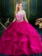 Classical Scoop Lace and Ruffles 15 Quinceanera Dress Fuchsia Lace Up Sleeveless With Brush Train