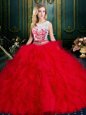 Smart Red Zipper Scoop Lace and Ruffles Ball Gown Prom Dress Tulle Sleeveless
