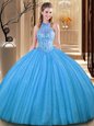 Baby Blue High-neck Neckline Embroidery Ball Gown Prom Dress Sleeveless Backless