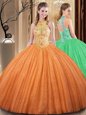 Embroidery and Hand Made Flower Quinceanera Gown Orange Backless Sleeveless Floor Length