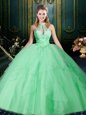 Halter Top Apple Green Sleeveless Beading and Lace and Ruffles and Ruching Floor Length Vestidos de Quinceanera