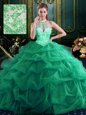 Noble Halter Top Sleeveless Organza and Tulle Floor Length Lace Up Sweet 16 Dress in Dark Green for with Beading and Ruffles and Pick Ups