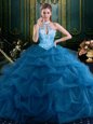 Halter Top Floor Length Lace Up Quinceanera Dresses Navy Blue and In for Military Ball and Sweet 16 and Quinceanera with Beading and Pick Ups