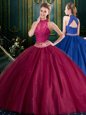Halter Top Sleeveless Floor Length Appliques Lace Up Quinceanera Gowns with Burgundy