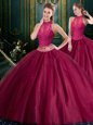 Attractive Burgundy Sleeveless Tulle Lace Up Quince Ball Gowns for Military Ball and Sweet 16 and Quinceanera