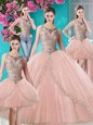 On Sale Four Piece Peach Ball Gowns Scoop Sleeveless Tulle Floor Length Lace Up Beading and Appliques Ball Gown Prom Dress