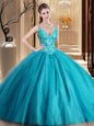 Spaghetti Straps Sleeveless Quinceanera Gown Floor Length Beading and Lace and Appliques Teal Tulle
