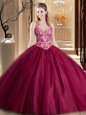 Burgundy Ball Gowns Spaghetti Straps Sleeveless Tulle Floor Length Lace Up Beading and Lace and Appliques Sweet 16 Dress