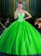 Comfortable Halter Top Sleeveless 15th Birthday Dress Floor Length Beading Tulle