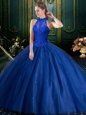 Fashionable Sleeveless Tulle Floor Length Lace Up Sweet 16 Quinceanera Dress in Navy Blue for with Beading and Appliques