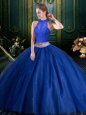 Captivating Two Pieces 15th Birthday Dress Navy Blue High-neck Tulle Sleeveless Floor Length Lace Up
