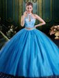 Custom Fit Halter Top Floor Length Lace Up Quince Ball Gowns Baby Blue and In for Military Ball and Sweet 16 and Quinceanera with Beading and Lace and Appliques