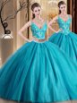 Sleeveless Tulle Floor Length Lace Up Quinceanera Dress in Hot Pink for with Beading and Appliques