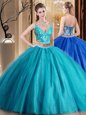 Teal Two Pieces Spaghetti Straps Sleeveless Tulle Floor Length Lace Up Beading and Lace and Appliques Vestidos de Quinceanera