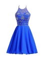 Trendy Royal Blue Cocktail Dresses Prom and Party and For with Beading Halter Top Sleeveless Zipper