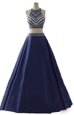 Navy Blue Chiffon Zipper Scoop Sleeveless Floor Length Prom Dress Beading