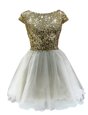Luxury White A-line Bateau Cap Sleeves Chiffon Mini Length Zipper Sequins Celebrity Inspired Dress