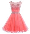 Designer Scoop Watermelon Red Sleeveless Mini Length Beading Backless Dress for Prom