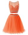 Designer Scoop Mini Length Backless Homecoming Dress Orange and In for Prom and Party with Beading and Belt