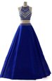 Scoop Sleeveless Chiffon Floor Length Zipper Prom Party Dress in Royal Blue for with Beading