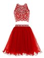 Elegant Scoop Sleeveless Chiffon Mini Length Clasp Handle Prom Party Dress in Red for with Beading