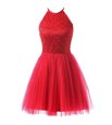 Trendy Coral Red Scoop Zipper Beading Dress for Prom Sleeveless