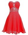 Mini Length Lace Up Prom Evening Gown Red and In for Prom and Party with Beading and Belt