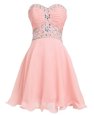 Sweetheart Sleeveless Lace Up Prom Dresses Pink Organza,Silhouette: EmpireNeckline: sweetheartSleeve Length: sleevelessHemline/Train: mini lengthBack Detail: lace upEmbellishment: beading,beltFabric: organzaShown Color: pink(Color & Style representation may vary by monitor.)Occasion: prom,partySeason: spring,summer,fallFully Lined: YesBuilt-In Bra: Yes