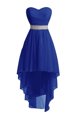 Flirting Blue Prom Gown Prom and Party and For with Belt Sweetheart Sleeveless Lace Up,Silhouette: EmpireNeckline: sweetheartSleeve Length: sleevelessHemline/Train: high lowBack Detail: lace upEmbellishment: beltFabric: organzaShown Color: blue(Color & Style representation may vary by monitor.)Occasion: prom,partySeason: spring,summer,fall,winterFully Lined: YesBuilt-In Bra: Yes