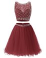 Sleeveless Mini Length Beading and Belt Side Zipper Prom Dresses with Burgundy