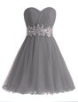 Sweetheart Sleeveless Prom Dress Knee Length Beading and Ruching Grey Chiffon